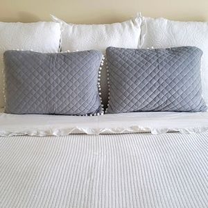 Gray Quilted Shams with White Pompom Fringe